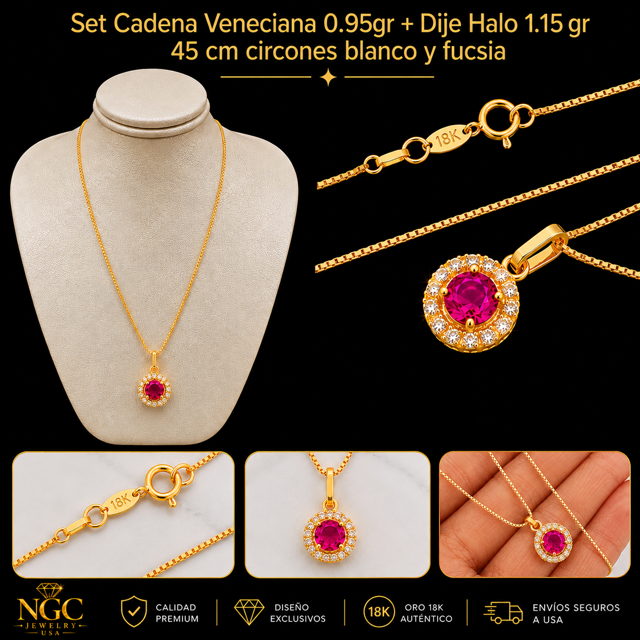 Set cadena Veneciana y Dije Halo ORO 18K ITALIANO