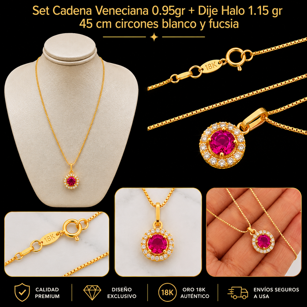 Set Cadena Veneciana + Dije Halo Oro 18K