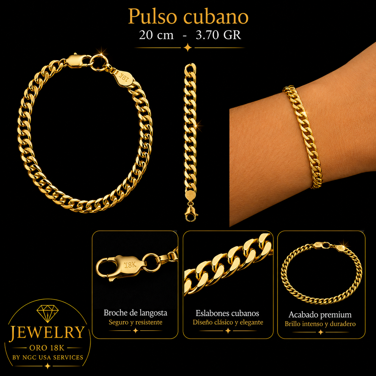 Pulso Cubano 3.70gr 20cm Oro 18K - Jewelry NGC USA Services