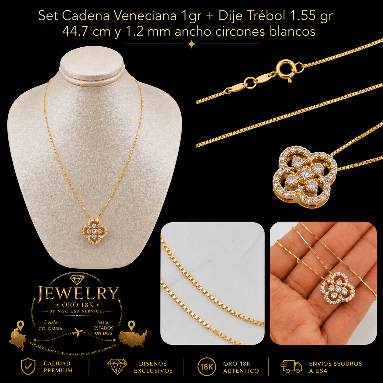 Set Cadena Veneciana 1gr + Dije Trébol 1.55gr Circones Blancos Oro 18K - NGC USA