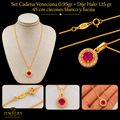 Set Cadena Veneciana 0.95gr + Dije Halo 1.15gr Circones Blanco y Fucsia Oro 18K - NGC USA